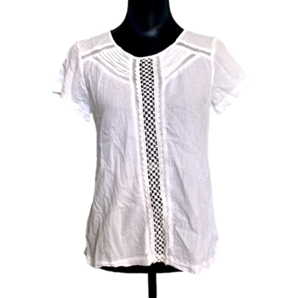 Loft White Cotton Lace Inset Boho Sheer Tee XS